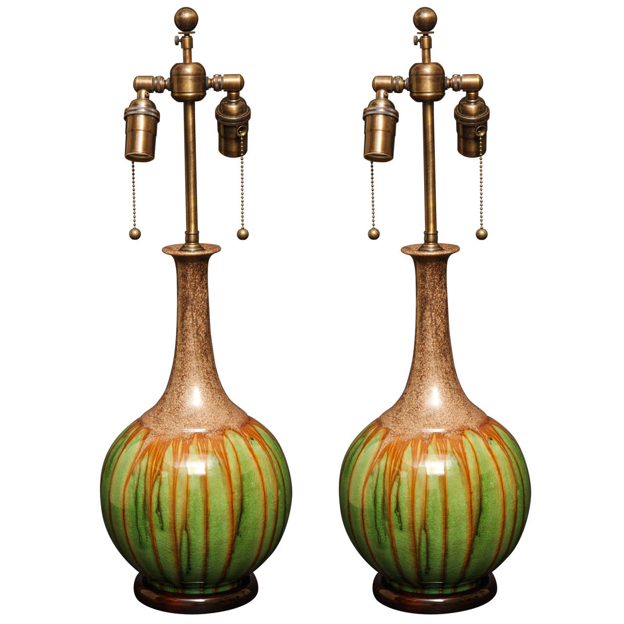 Pair of Brown and Green Long Neck Gourd Shaped Glazed Pottery Lamps For Sale