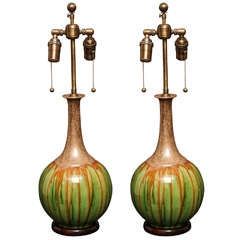 Pair of Brown and Green Long Neck Gourd Shaped Glazed Pottery Lamps