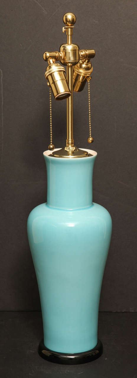 Robin's Egg Blue Porcelain Lamps with Black Lacquer Bases For Sale 2