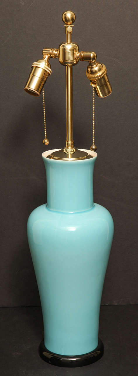 Robin's Egg Blue Porcelain Lamps with Black Lacquer Bases For Sale 3