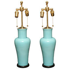 Robin's Egg Blue Porcelain Lamps with Black Lacquer Bases