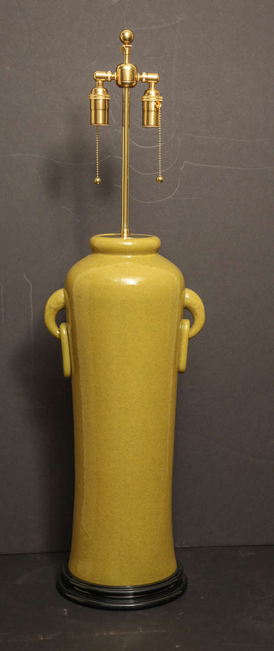 Chinese Mustard Colored Pottery Lamps with Ringed Handles