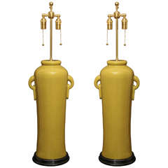 Chinese Mustard Colored Pottery Lamps with Ringed Handles
