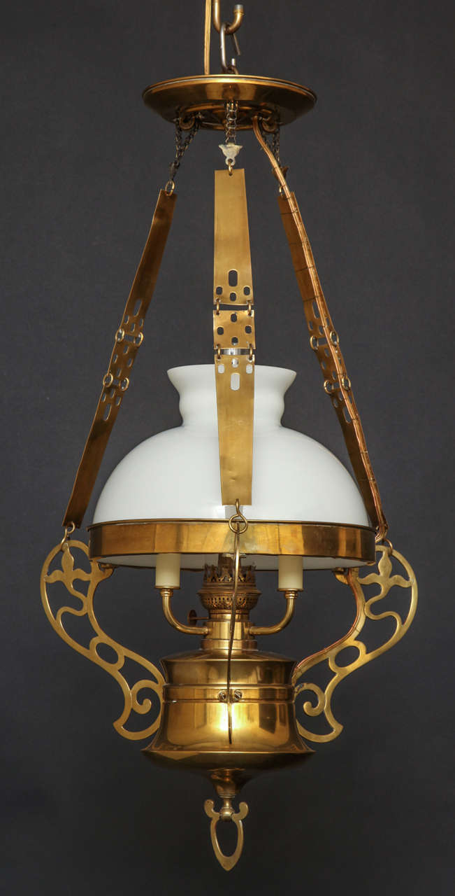 Arts and Crafts Brass Chandelier with Opaline Glass Shade