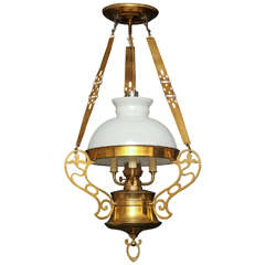 Arts and Crafts Brass Chandelier with Opaline Glass Shade