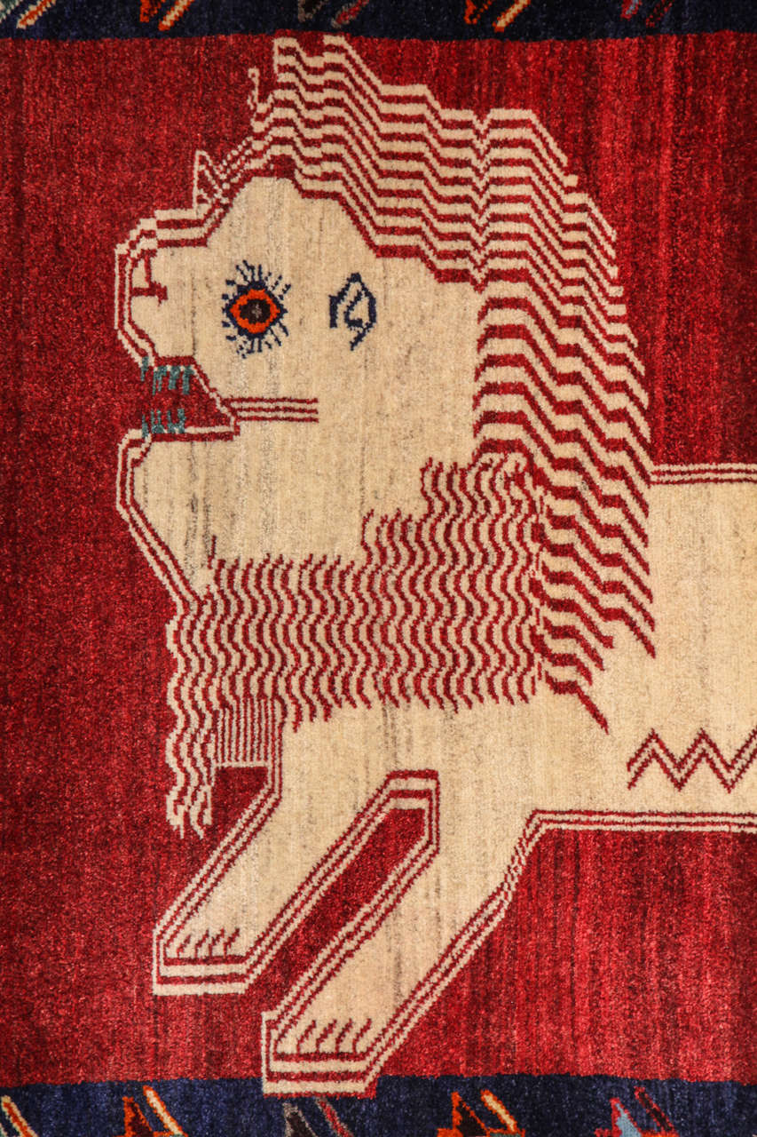 Vegetable Dyed Vintage Qashqai Animal Rug, Red, Wool, Circa 1940s, 4’ x 6’ For Sale