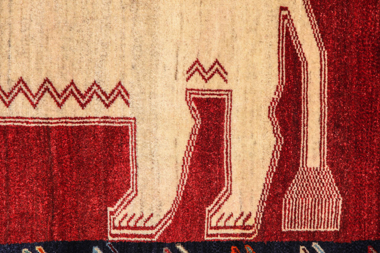 Mid-20th Century Vintage Qashqai Animal Rug, Red, Wool, Circa 1940s, 4’ x 6’ For Sale