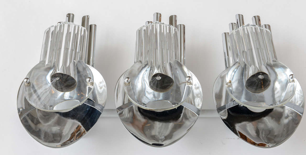 Italian Pair of Chrome and Optical Glass Three-Light Sconces by Gaetano Sciolari