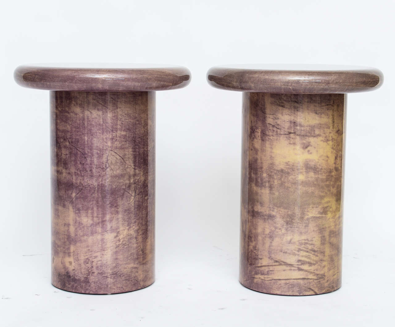 Pair of 1960s goatskin side tables in a highly unusual (and gorgeous) lavender shade.  Absolutely stunning! Paper label 