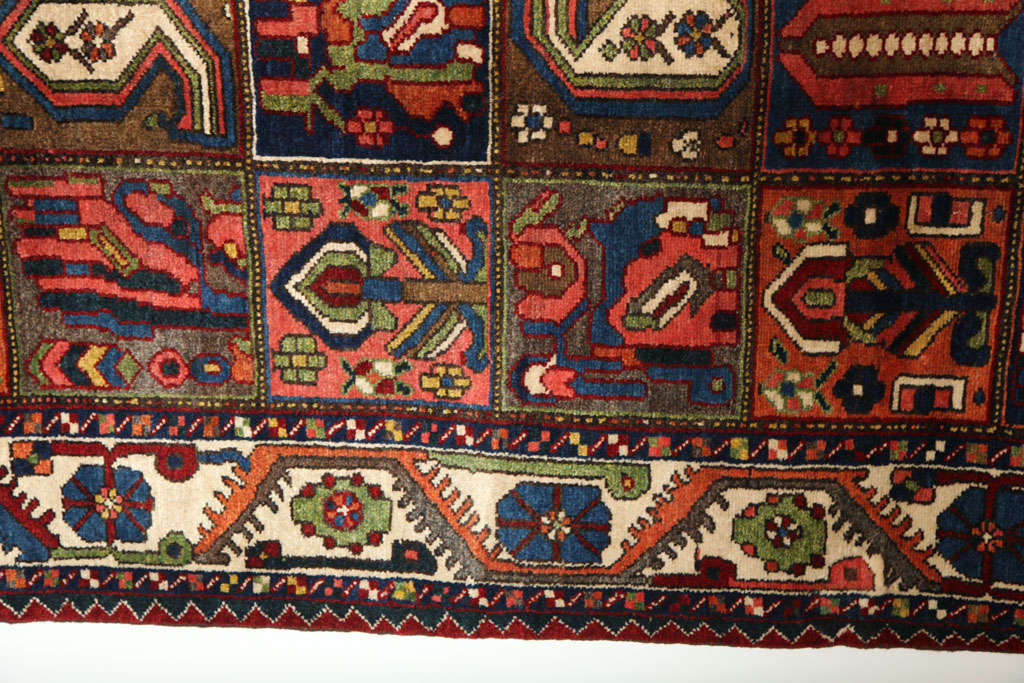 Vegetable Dyed Antique 1920s Persian Bakhtiari Rug, Garden Design, Wool, 7' x 8' For Sale