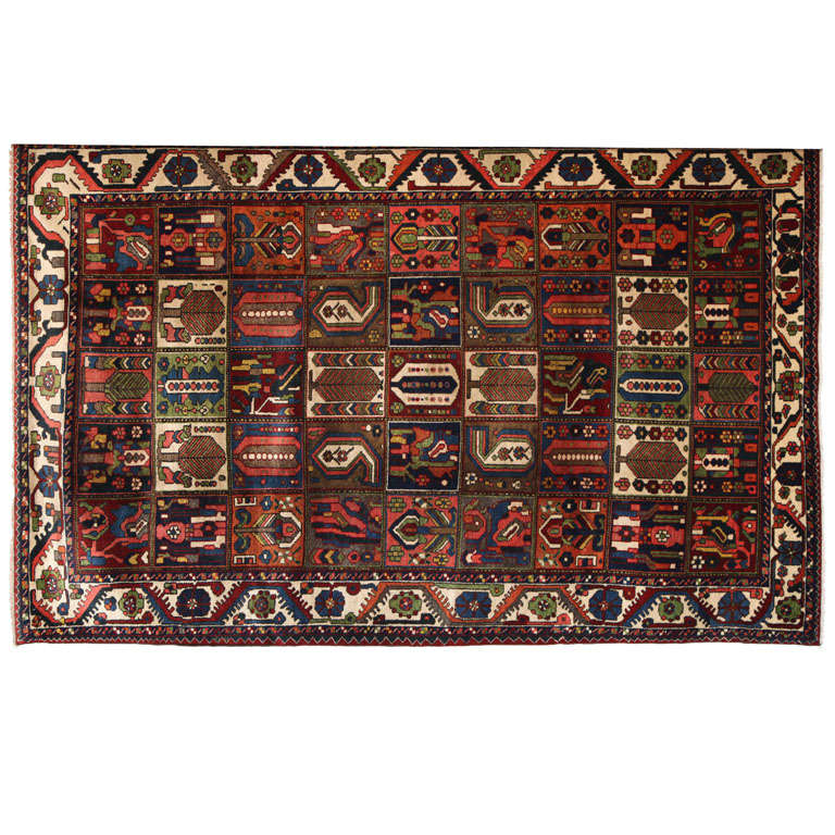 Antique 1920s Persian Bakhtiari Rug, Garden Design, Wool, 7' x 8'