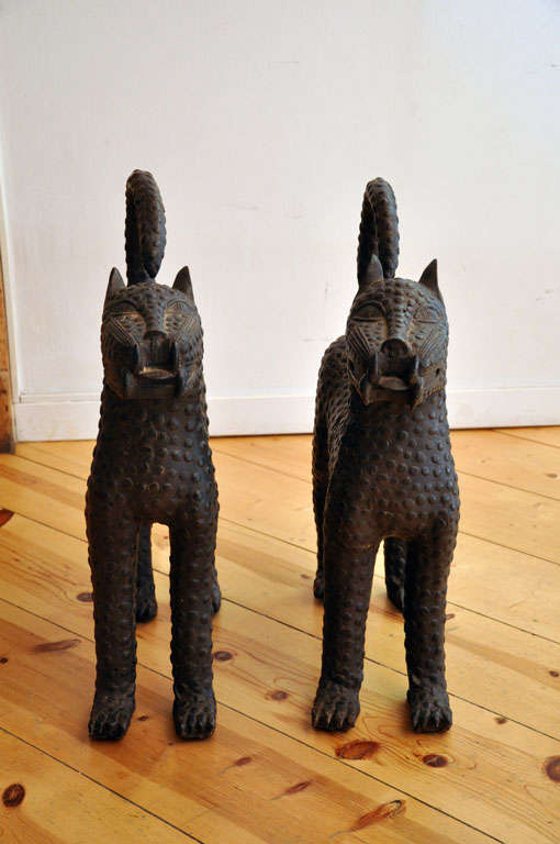 African Art Pair of Bronze Benin Leopard Figures  1
