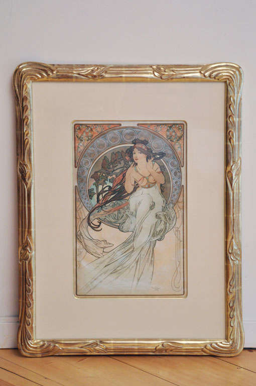 Alphonse Mucha, Signed Original Lithograph on Silk, "La Musique"