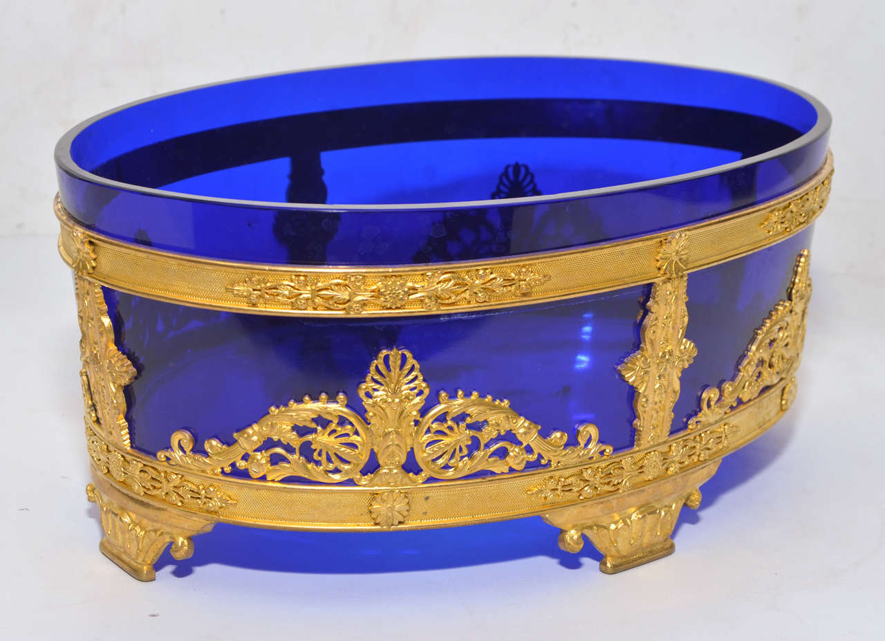 Louis XVI Gorgeous Centerpiece of Blue Crystal and Gilded Bronze Empire Style For Sale