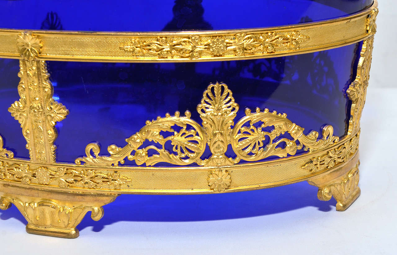 19th Century Gorgeous Centerpiece of Blue Crystal and Gilded Bronze Empire Style For Sale