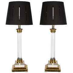 1970 Pair of Italian Lucite and Brass Lamps