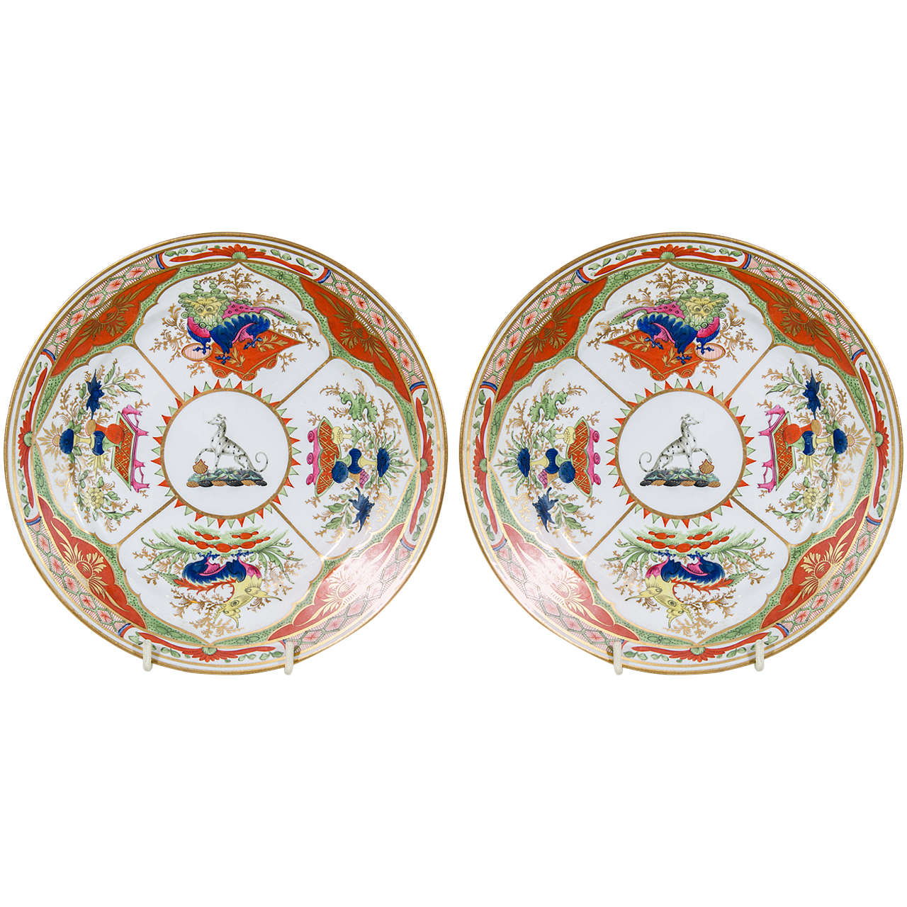 A Pair of Worcester "Bengal Tiger" Pattern Crested Dishes with Greyhound