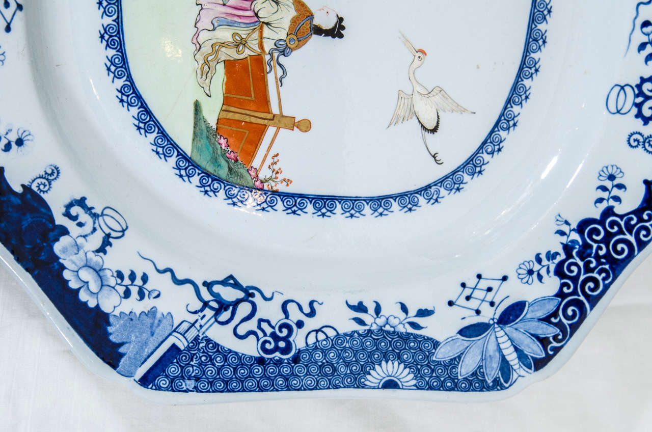 English Spode Platter with Chinoiserie Scene and Blue and White Border
