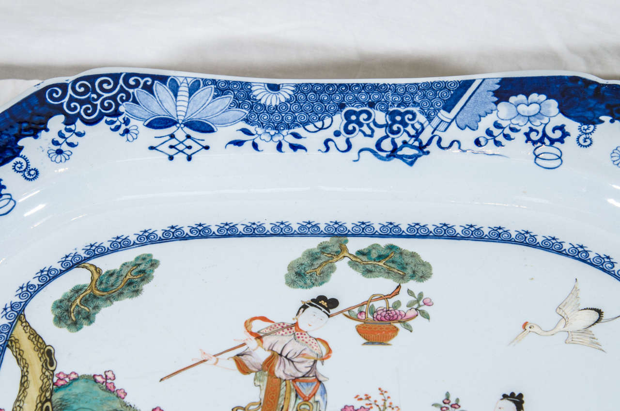 19th Century Spode Platter with Chinoiserie Scene and Blue and White Border
