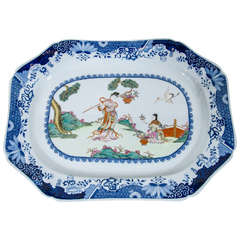 Antique Spode Platter with Chinoiserie Scene and Blue and White Border