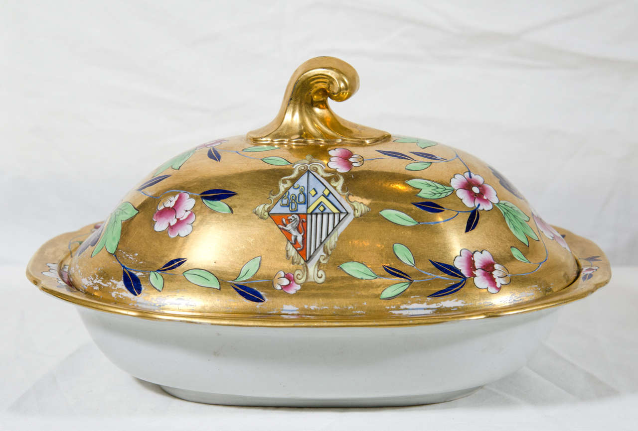 Pair Antique Gold Covered Dishes with Armorial Shields