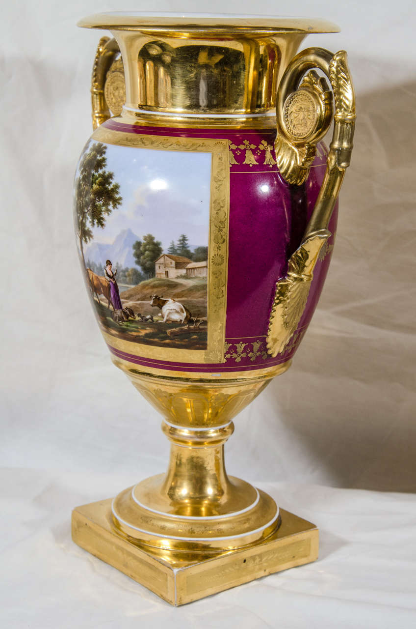 Romantic Pair Antique French Porcelain Vases with Hand-Painted Landscape Scenes