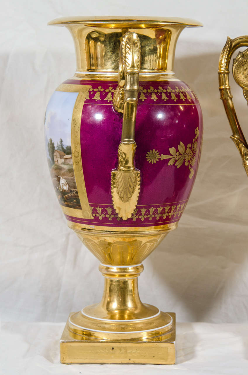 Pair Antique French Porcelain Vases with Hand-Painted Landscape Scenes In Excellent Condition In Katonah, NY