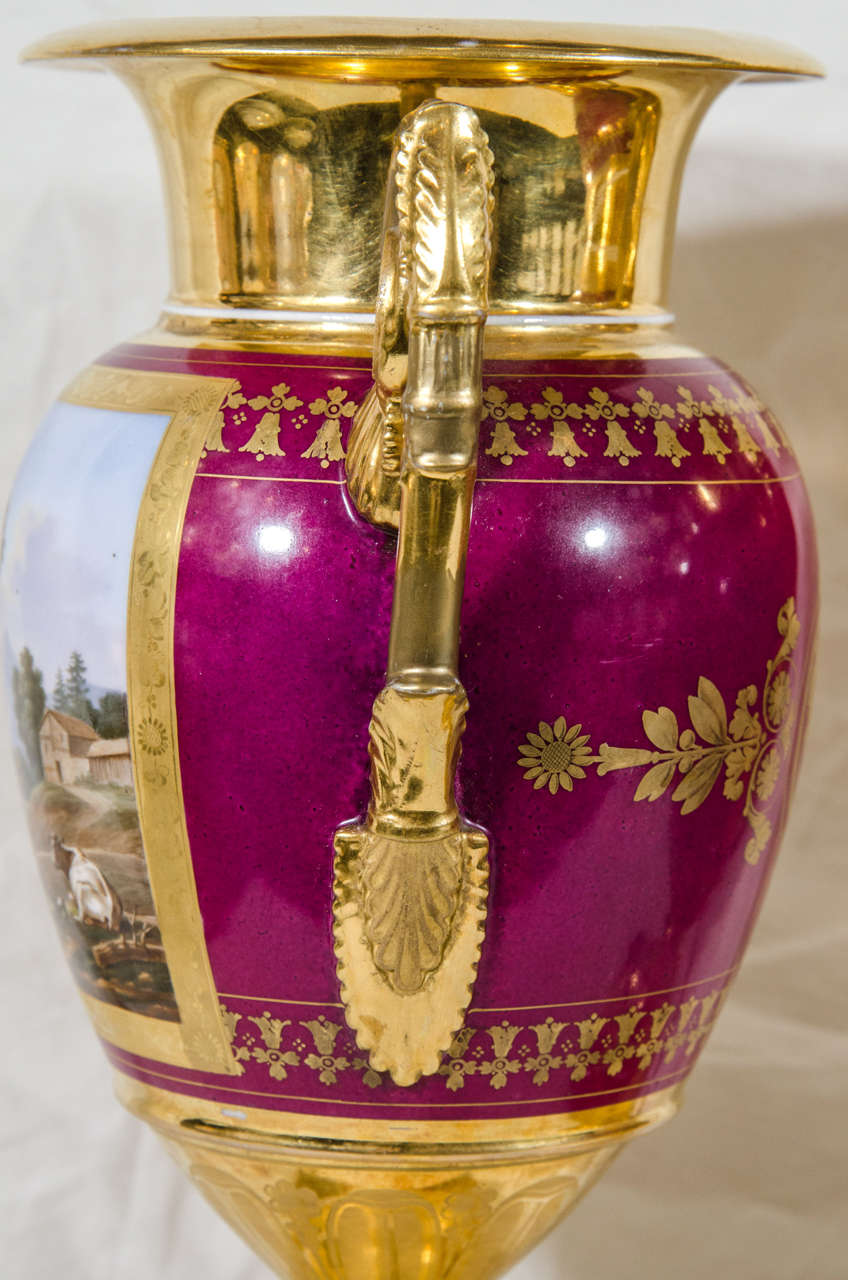 19th Century Pair Antique French Porcelain Vases with Hand-Painted Landscape Scenes