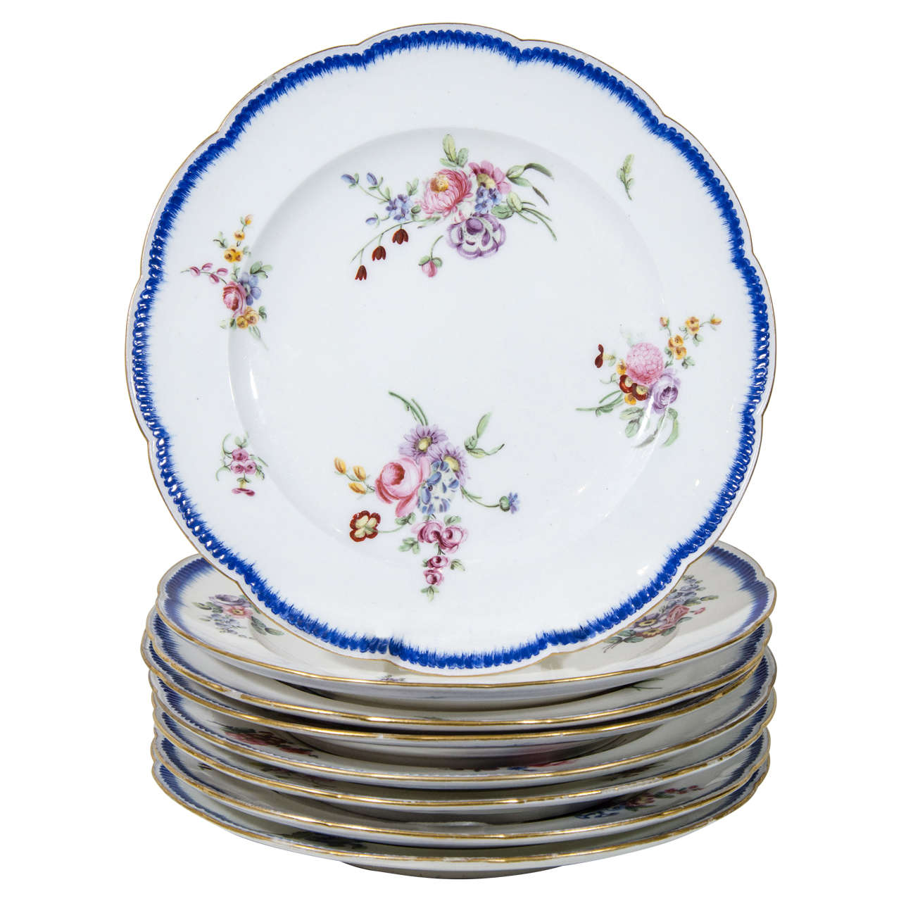 Set Dozen Antique Sèvres Porcelain Dinner Dishes with Feuille-de-Choux Borders