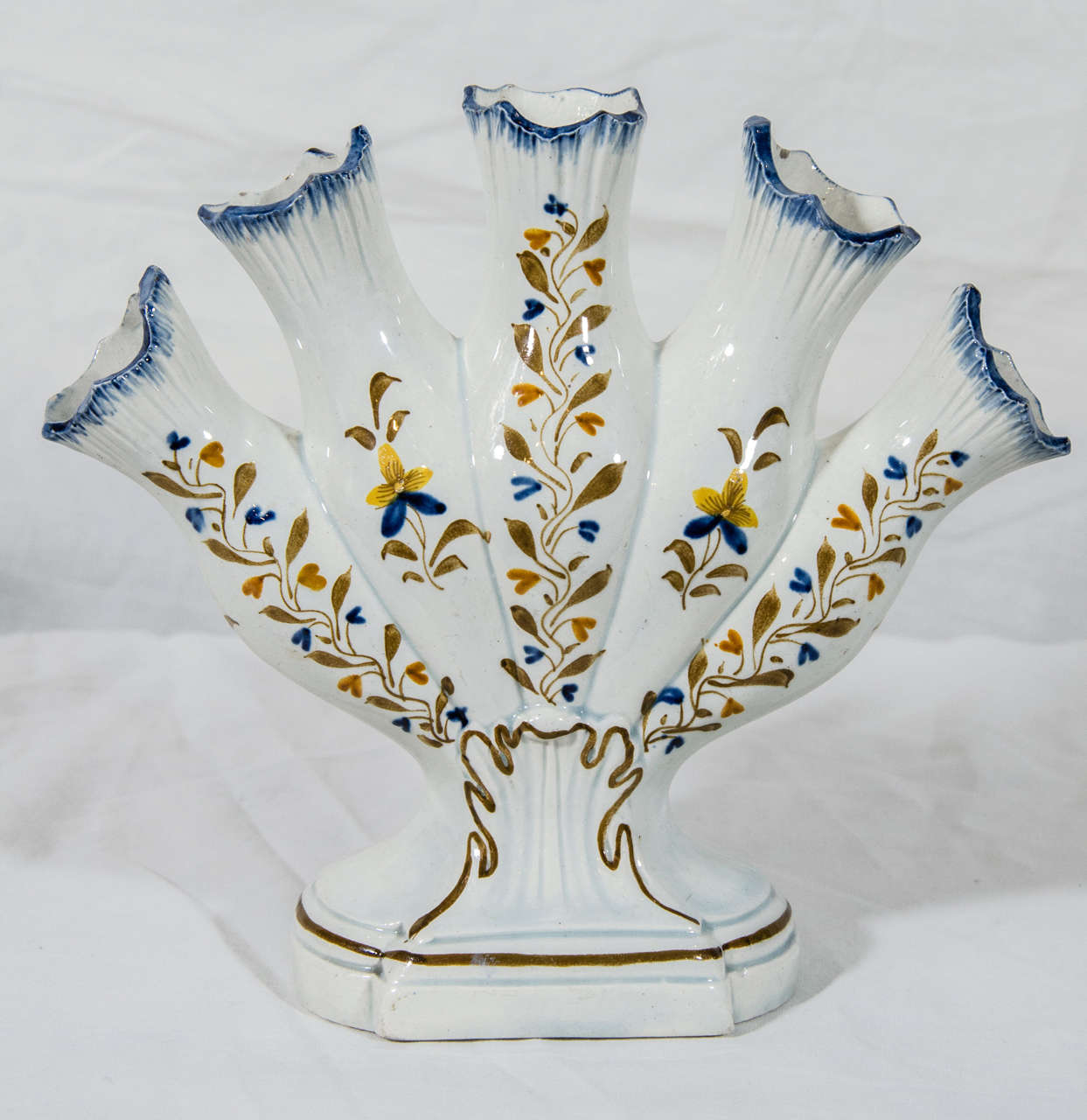 English Antique Pearlware Pottery Five Finger Tulipiere Vase