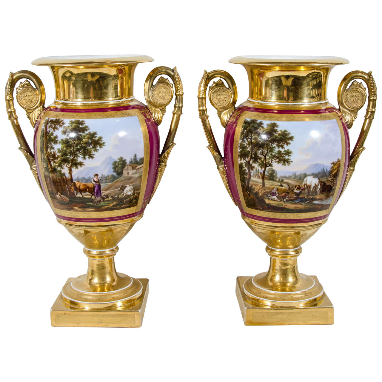 Pair Antique French Porcelain Vases with HandPainted Landscape Scenes