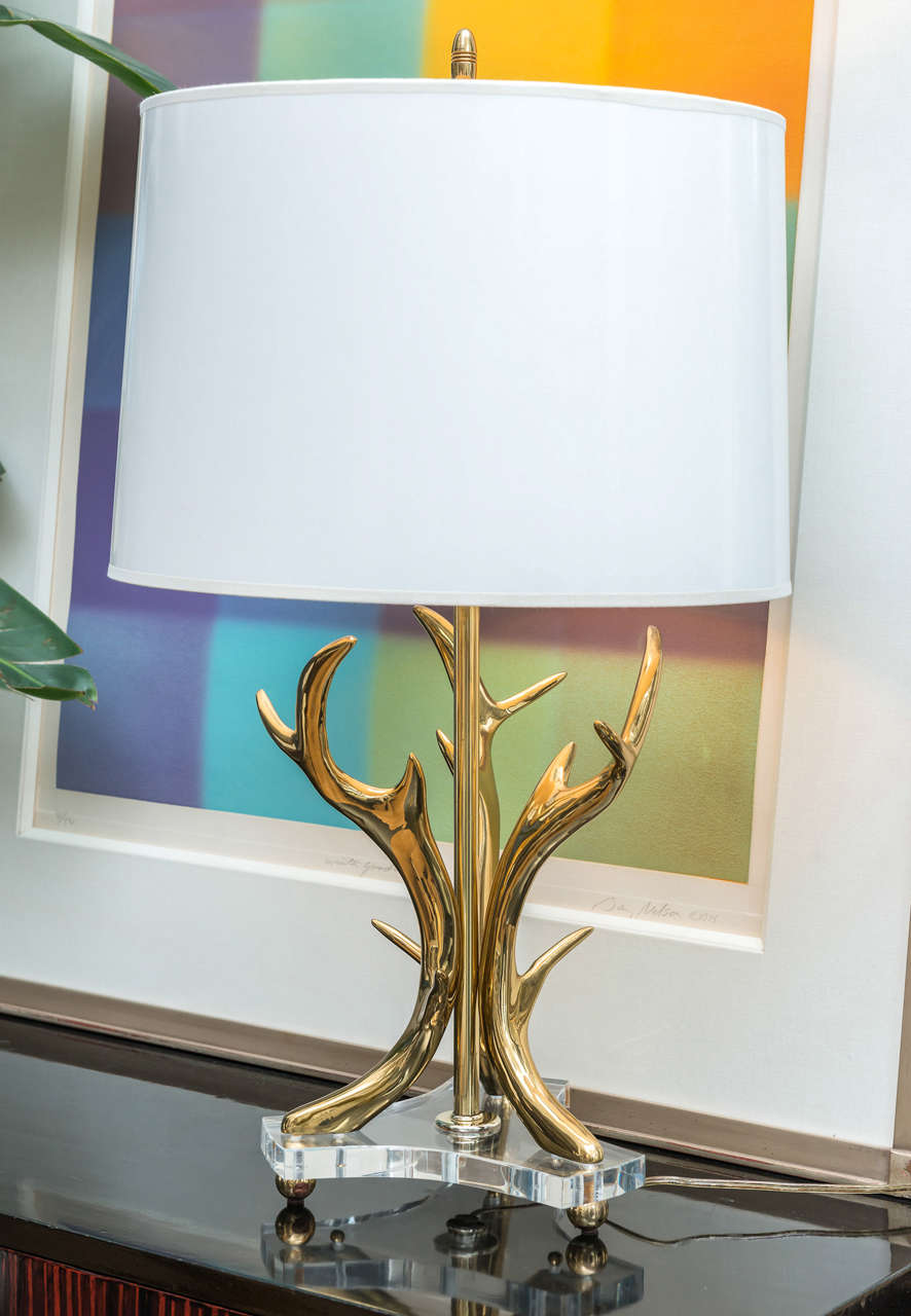 Brass antler lamp with a lucite base.