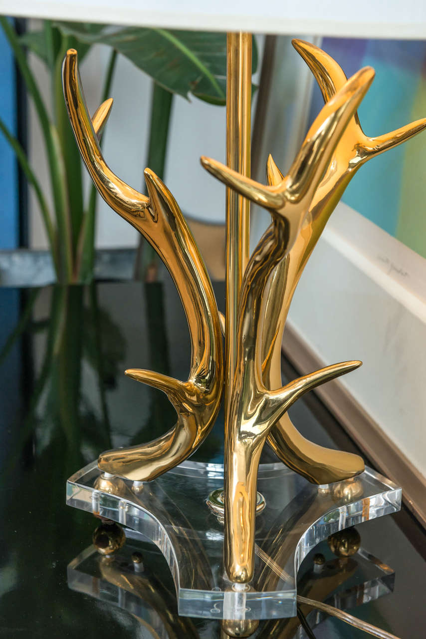 Beautiful Polished Brass Antler Lamp In Excellent Condition In San Francisco, CA