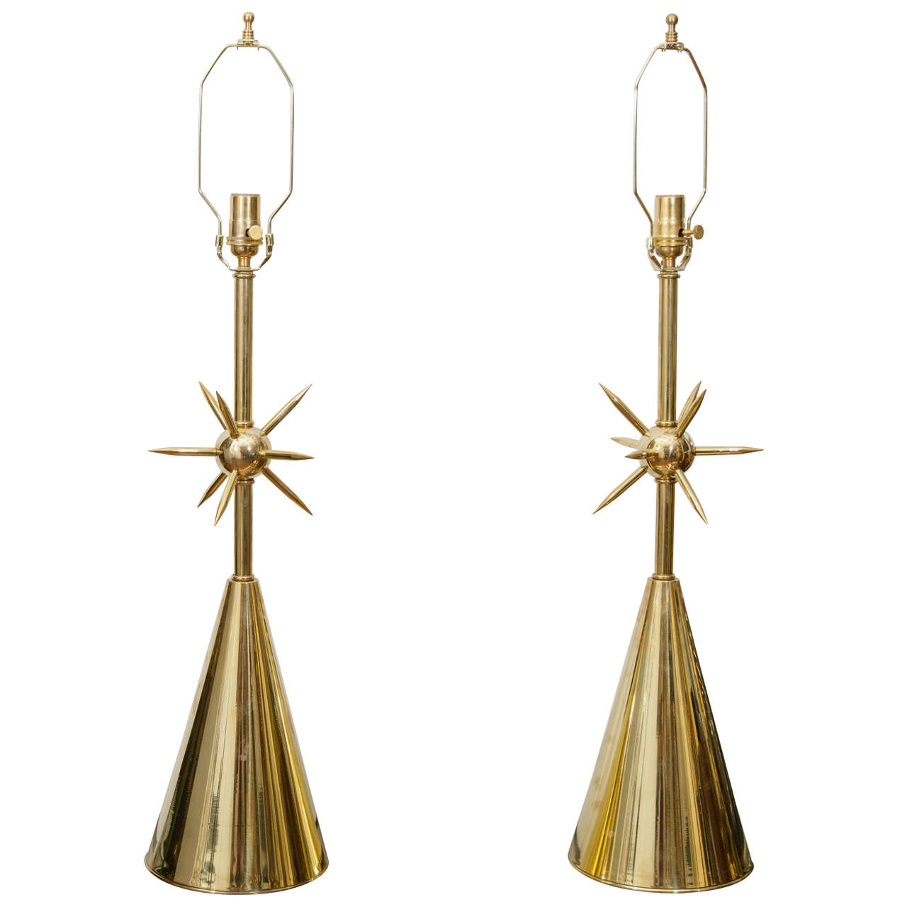 Pair of Brass Table Lamps with Sputnik Detail at Centre