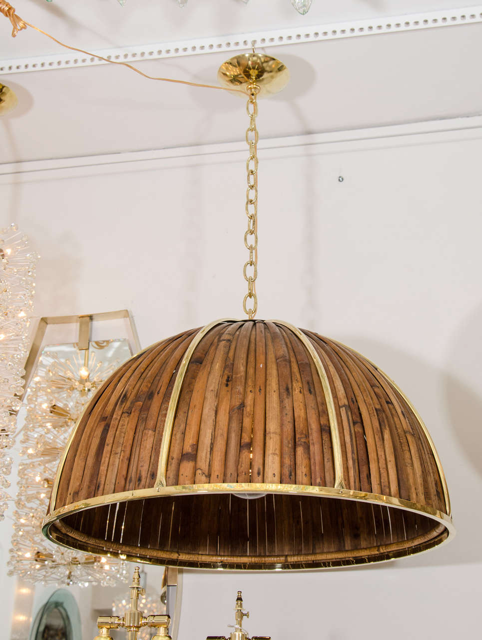 Bamboo and brass dome form pendant fixture by Gabriella Crespi from the 'Rising Sun' collection. Signed.