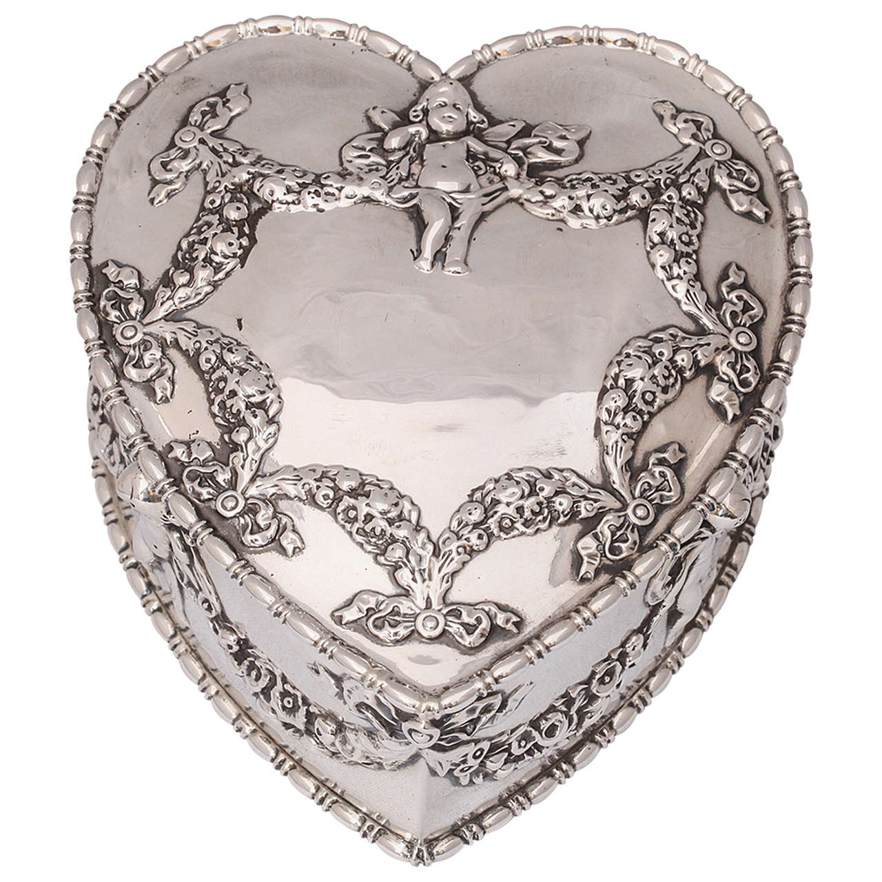 Large Victorian Sterling Silver Heart-Form Jewelry Box with Hinged Lid