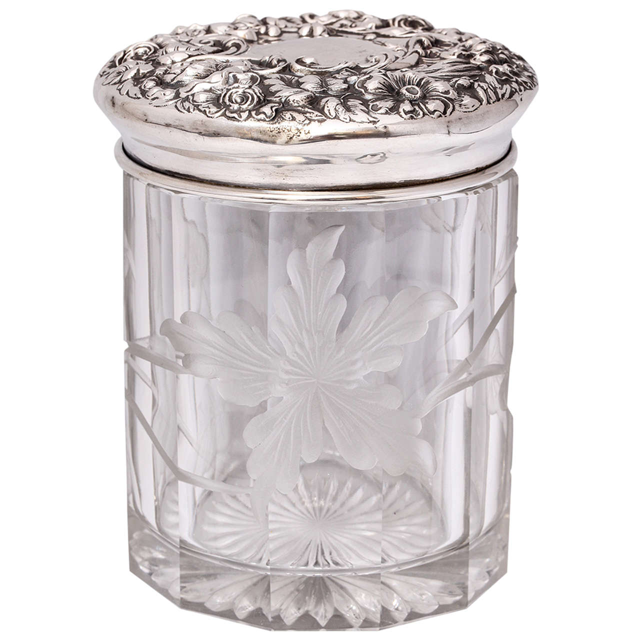 Art Nouveau Sterling Silver-Mounted "Moser" Intaglio Cut Dresser Jar or Humidor
