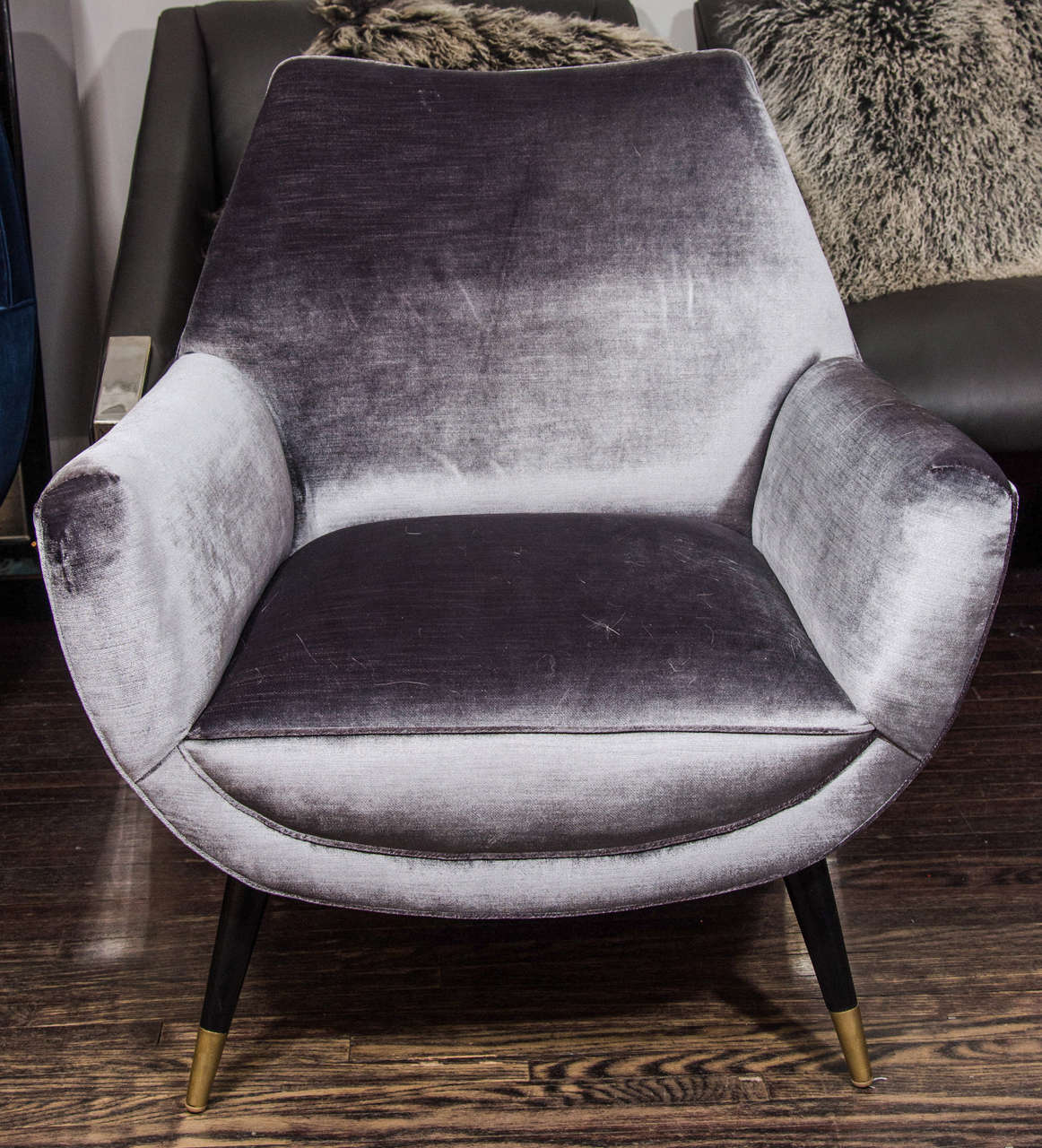 Custom Mid Century Style Armchairs  upholstered in Grey Velvet