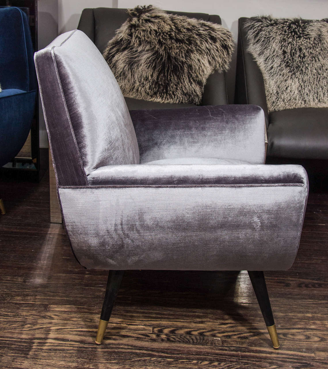 American Custom Mid-Century style Armchairs upholstered in Grey Velvet
