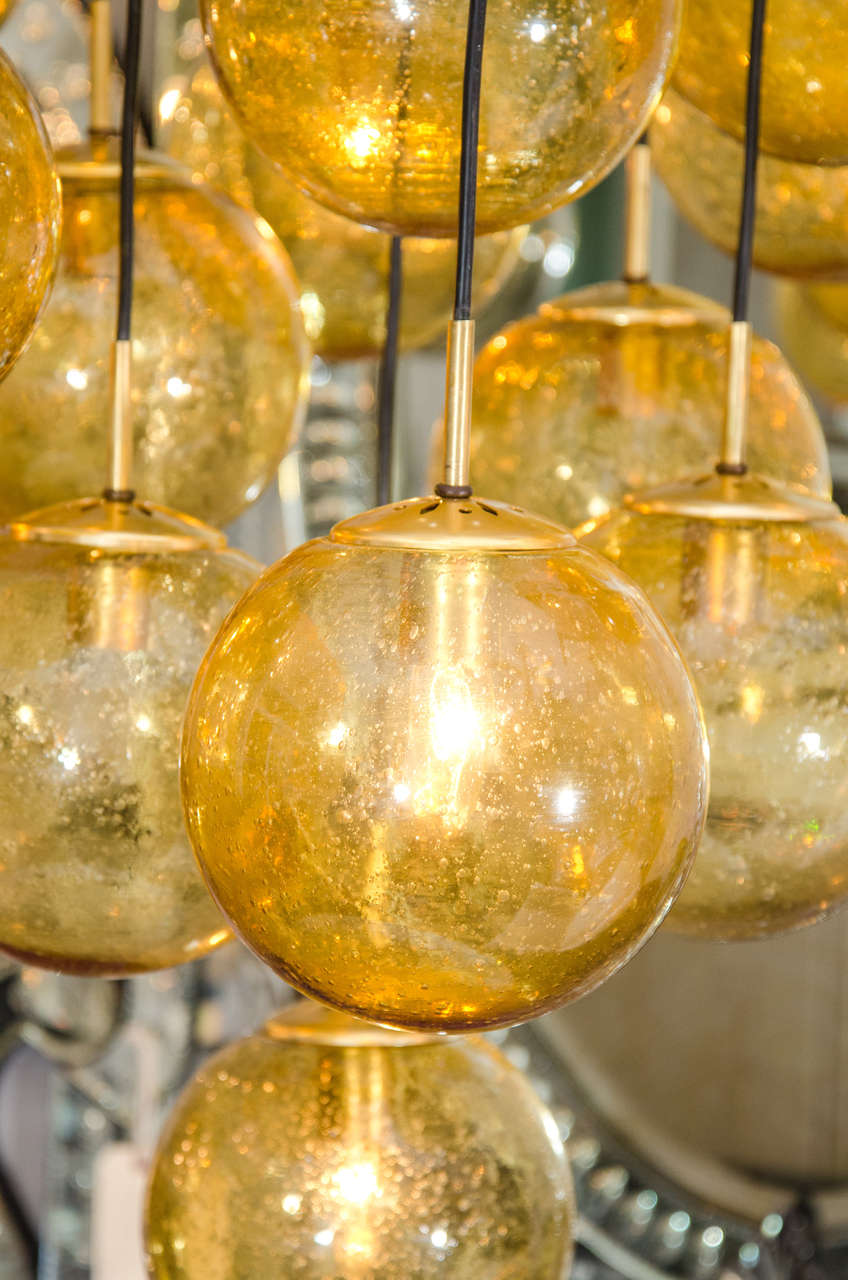 Brass Glass Globe Chandelier by Limburg Glashütte, Germany