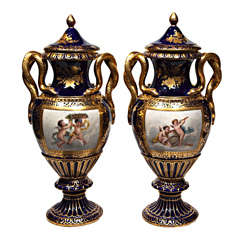 Antique Pair Meissen Cobalt Urns