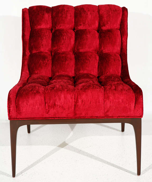 Elegant pair of biscuit and button tufted slipper chairs with dark walnut frames.  These chairs newly upholstered in striking red Versace velvet make a strong statement.