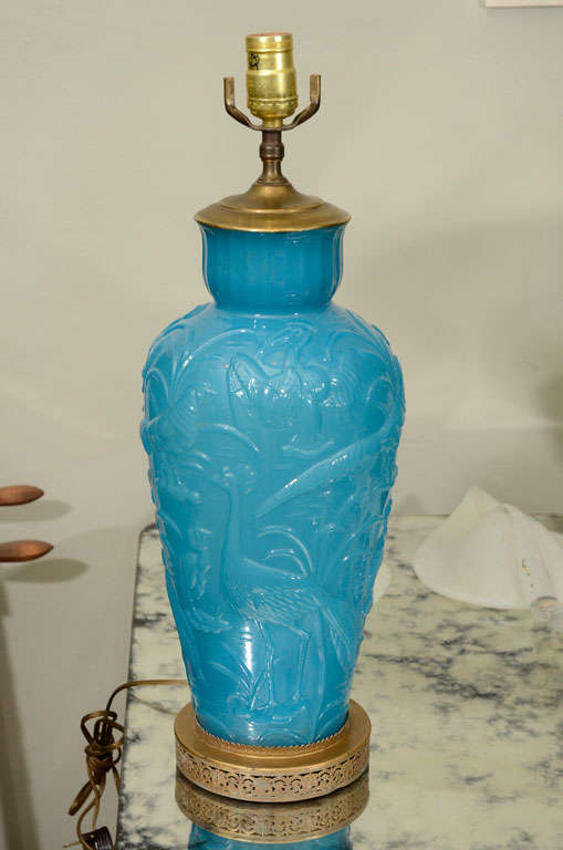 Crane Motif French Blue Opaline Table Lamps