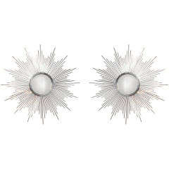 Pair of Nickel Plated Convex Starburst Mirrors