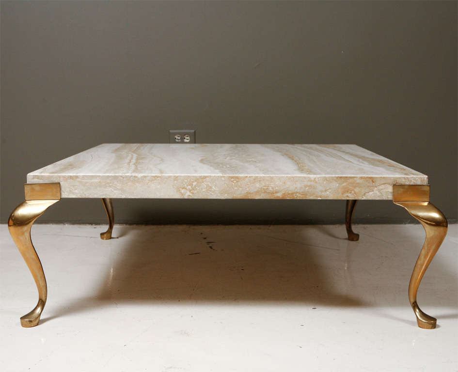 Travertine Coffee Table with Wonderful Brass Legs at 1stdibs