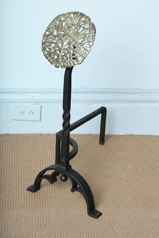Aesthetic Movement Brass and Iron Andirons with Peacock Roundels