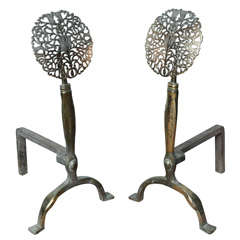 Aesthetic Movement Brass Andirons with Flowering Tulip Heads