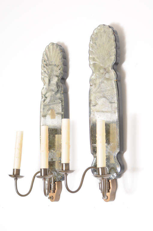 Italian Pair of Venetian Etched Mirrored Sconces