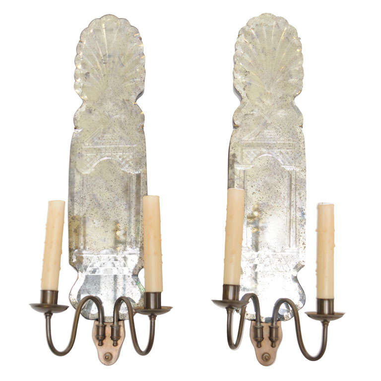 Pair of Venetian Etched Mirrored Sconces