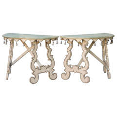 Pair of Antique Painted Italian Demilune Tables